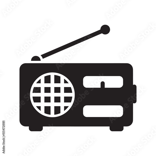Vintage radio icon for broadcasting music news and entertainment communication with an antenna for receiving an fm or am frequency signal vector solid glyph icon