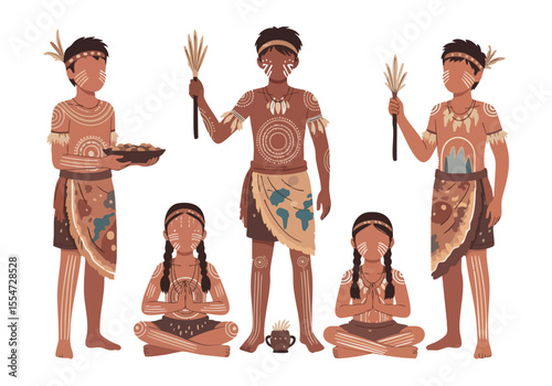 Colorful Detailed Depiction of Indigenous Tribal People Characters Illustration