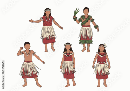 Detailed Flat Illustration of Polynesian Traditional Costume Culture People Set