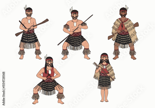Detailed Illustration of Maori People with Traditional Attire and Weaponry
