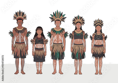 Detailed Illustration Traditional Indigenous Tribe Costume Various Ages and Genders