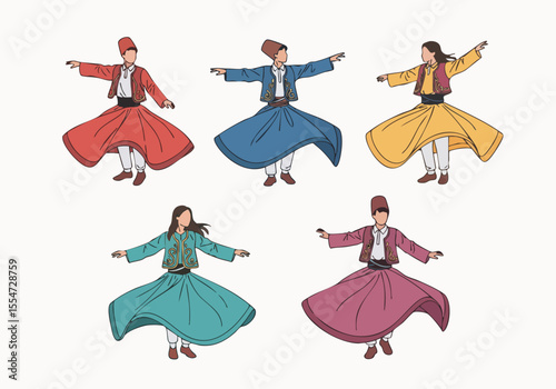 Colorful Flat Illustration of Traditional Whirling Dervish Performance Dance Art