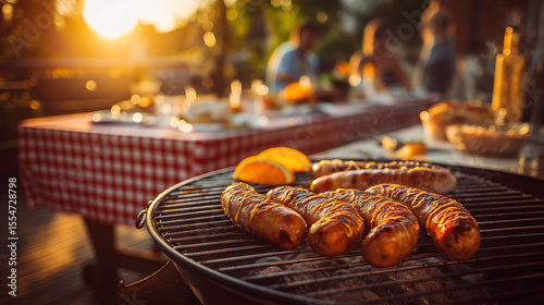 Jumbo Grilled Sausages with Mustard and Oranges at Family Picnic