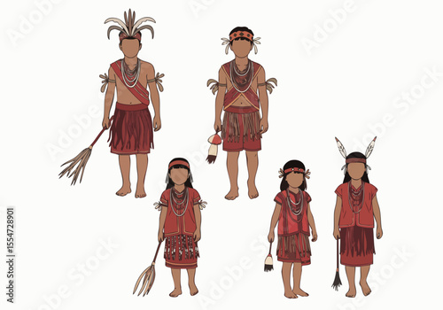 Detailed Flat Illustration of Traditional Kalimantan Dayak Tribe Costume with Family Members
