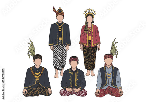 Detailed Illustration of Traditional Javanese Wedding Attire with Various Styles