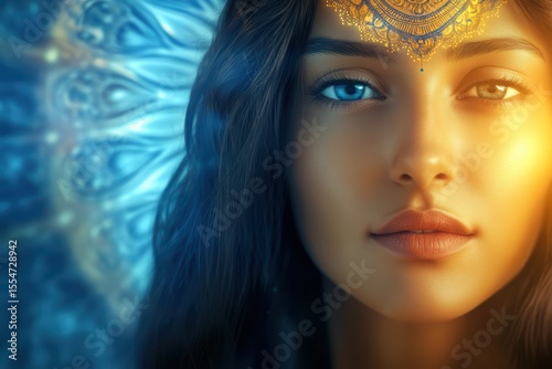 Parvati with celestial halo, abstract heaven symbols, symmetrical geometry, minimal ink design