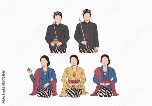 Minimalist Line Art Javanese Traditional Dress Icon Culture People Illustration