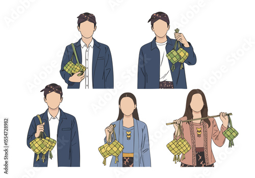Illustration Handdrawn People Holding Ketupat for Eid Mubarak Celebration