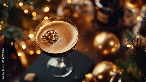 Festive cocktail in glass with gold decorations on dark background  