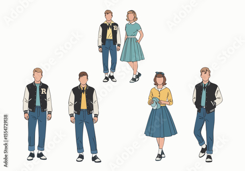 Detailed Line Art Vintage Fashion Couple and Friends Illustration Set