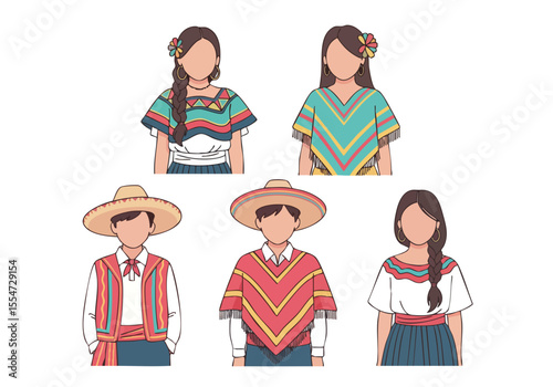 Handdrawn Flat Illustration of Diverse People in Traditional Mexican Clothing