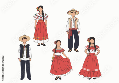 Flat Design Illustration People in Traditional Mexican Garment Costume Set
