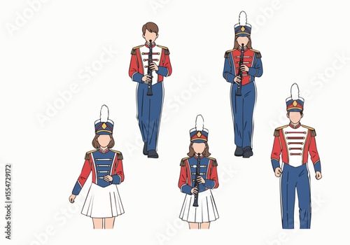 Flat Illustration Marching Band Performance Ensemble in Uniform and Musical Instruments