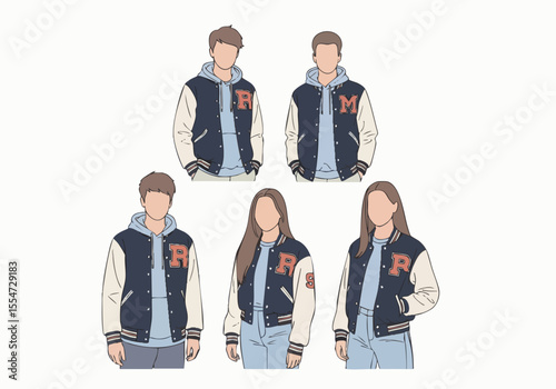 Handdrawn College Students Wearing Varsity Jacket Fashion Illustration Design Elements