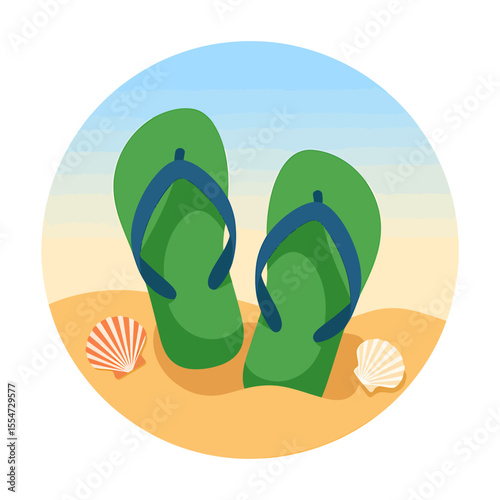 Summer Beach Vibes A Flat-Vector Illustration of Green Flip-Flops on Sandy Beach