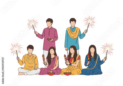 Flat Illustration Group of People Celebrating Diwali with Sparklers and Diya