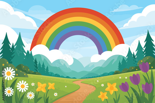 Vibrant Flat 2D Cartoon Illustration Rainbow over Spring Landscape