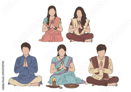 Flat Illustration Group of Hindu People Praying Meditation in Temple Ceremony