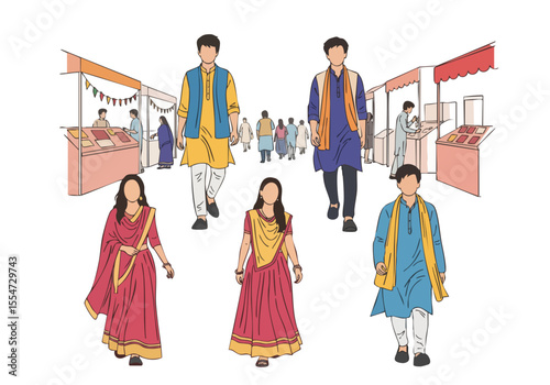 Handdrawn Illustration of People Wearing Traditional Indian Clothes at Fair