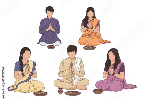 Artistic Flat Illustration of Hindu Family Praying Together During Diwali Celebration