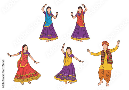 Detailed Handdrawn Traditional Indian Dance Group Performance Character Illustration