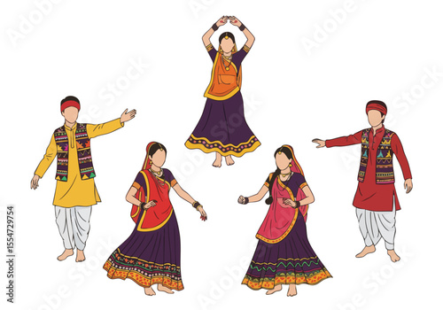 Stylized Line Art Indian Garba Dance Poses Cultural Illustration