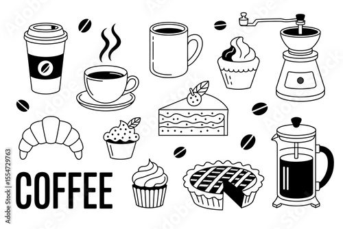 A Black and White Line Art Illustration of Coffee, Cakes, and Pastries