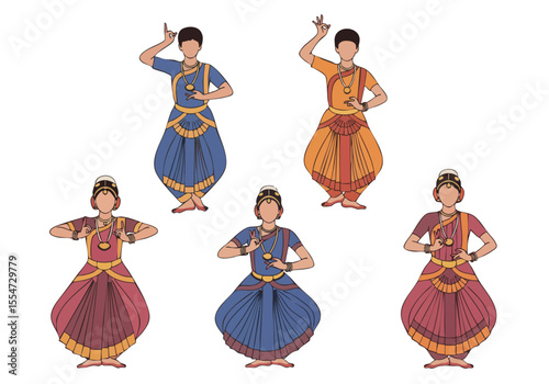 Colorful Flat Illustration of Classical Indian Dance Performance Group