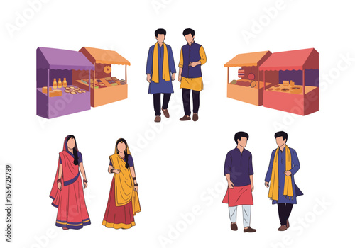 Flat Illustration of Festive Market Scene and Diverse Indian People