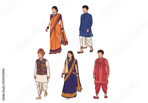 Flat Style Detailed Indian People with Traditional Clothing Illustration