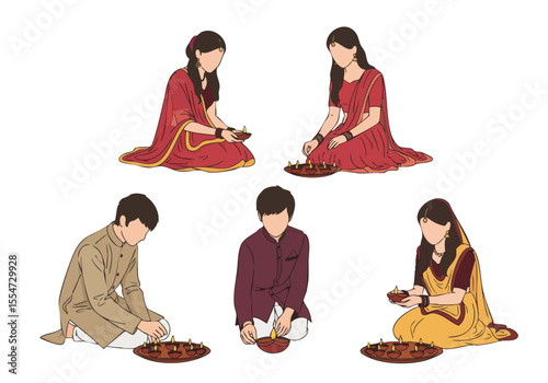 Illustration Drawing People Sitting In Traditional Indian Clothes Celebrating Diwali Holiday