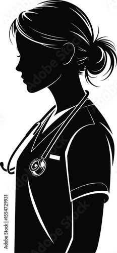 Silhouette Profile of Female Nurse with Stethoscope Vector Illustration