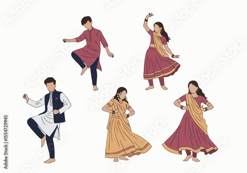 Flat Style Detailed Indian People Dancing Together Festive Celebration Illustration