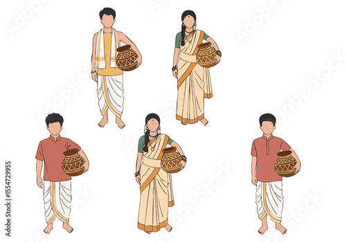 Hand Drawn Indian Village People with Traditional Dress Culture Illustration