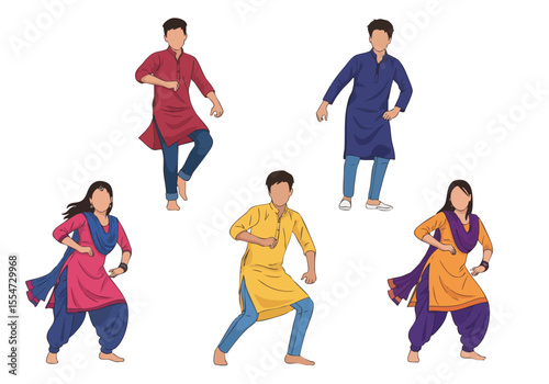 Flat Design Group of People Dancing in Traditional Indian Clothes Illustration