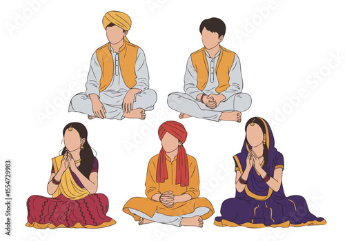 Minimalist Flat Illustration Group of Indian People in Traditional Attire