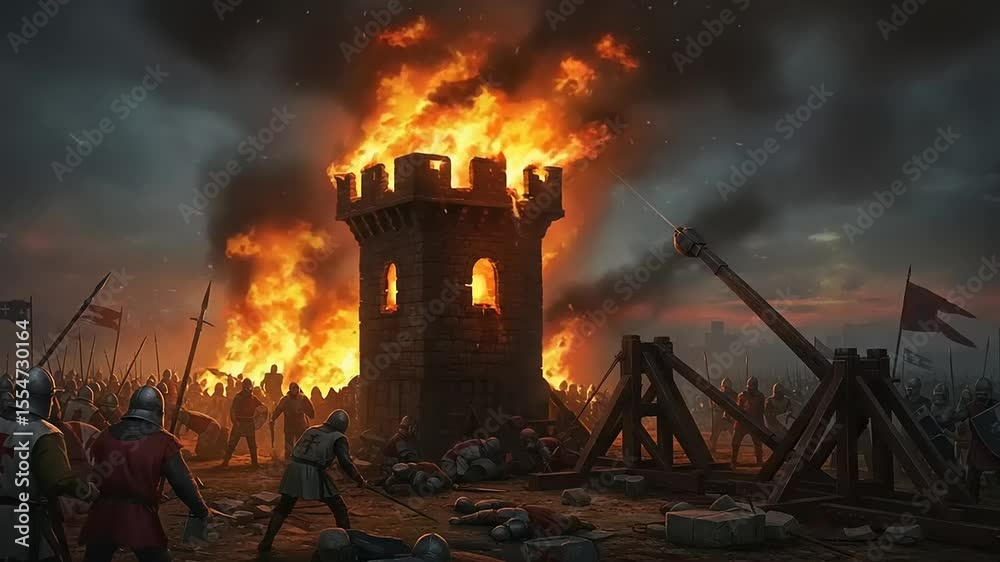 Medieval siege scene depicting a burning tower, soldiers in battle, and chaos in the background