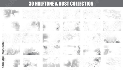 Halftone grunge texture pack. Abstract vintage noise overlays with dot scatter and rough dust effects. Distressed speckled background set.