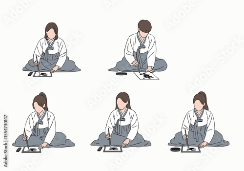 Minimalist Line Art Korean Person Writing Calligraphy Character Illustration