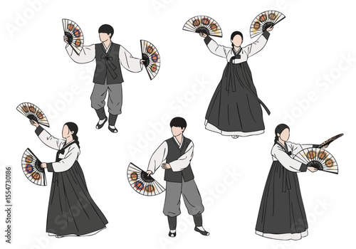 Detailed Flat Illustration of Korean Fan Dance Traditional Performance Set
