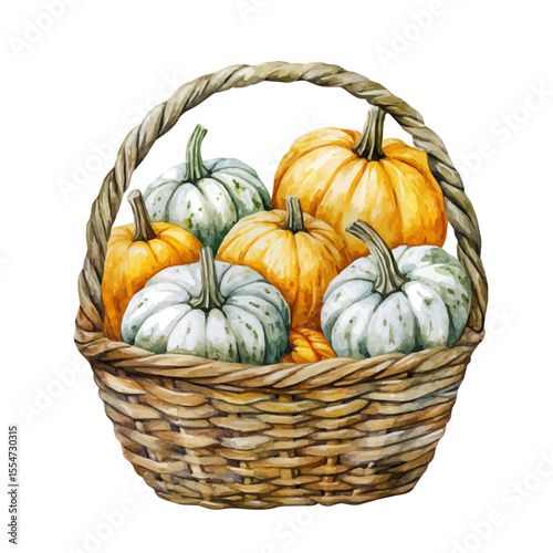 Wallpaper Mural Harvest Basket Full Pumpkins, watercolor clipart vector, isolated on a white background. Torontodigital.ca