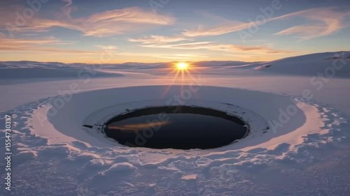 A vast, snow-covered landscape featuring a dark, circular water body with a setting sun.