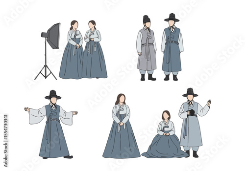 Minimalist Handdrawn Hanbok Couple Traditional Korean Clothes Outfit Illustration