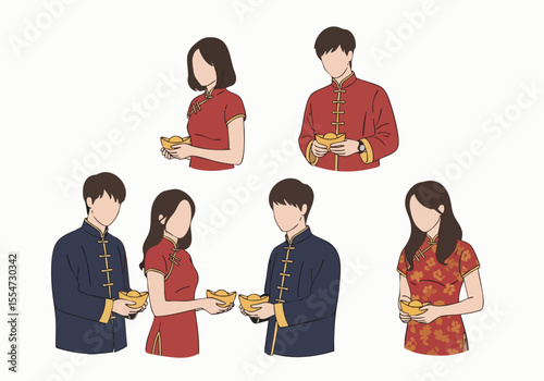 Flat Illustration of Chinese New Year People Giving Red Envelopes Illustration