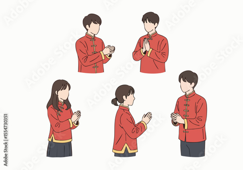 Line Art Handdrawn Chinese New Year Congratulation Gesture People Illustration