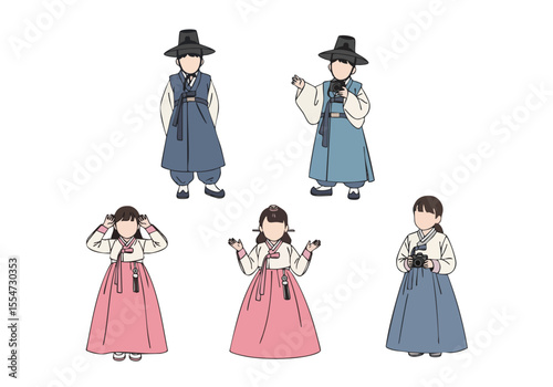 Minimalist Handdrawn People Wearing Traditional Korean Dress Illustration