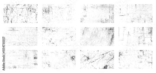 Scratched grunge texture pack. Rough distressed surface overlays with vintage noise and dirty scratch effects. Abstract worn background set.