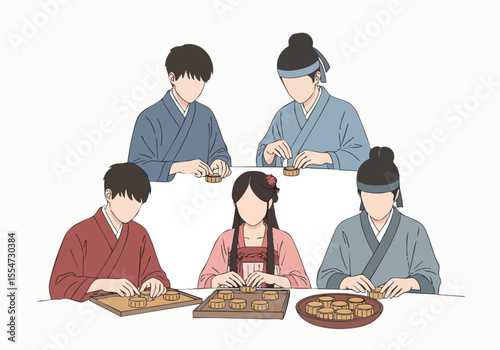 Flat Illustration Group of People Making Cookies Together at Home