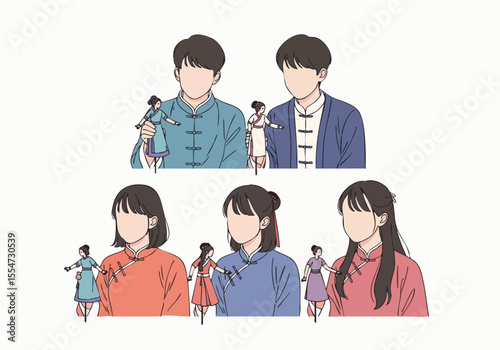Flat Illustration of Chinese New Year Fashion People Character Set