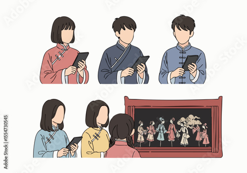 Flat Style People Character Watching Shadow Puppet Traditional Culture